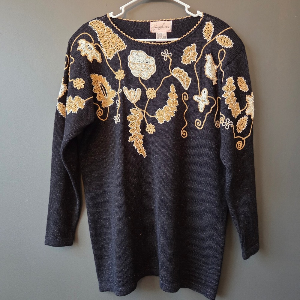 Vintage Jaclyn Smith Black Sparkle Floral Embellished Sweater Top Large 80s 90s‎